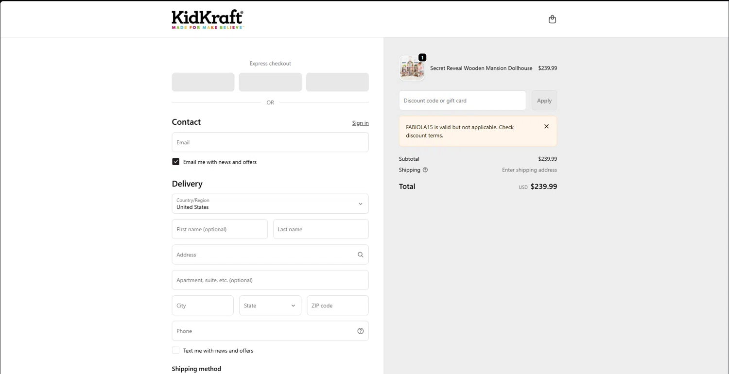 KidKraft coupon code screenshot showing code FABIOLA15 applied at KidKraft checkout page. Uploaded by SimplyCodes community member STEVE20 on Dec 18, 2025