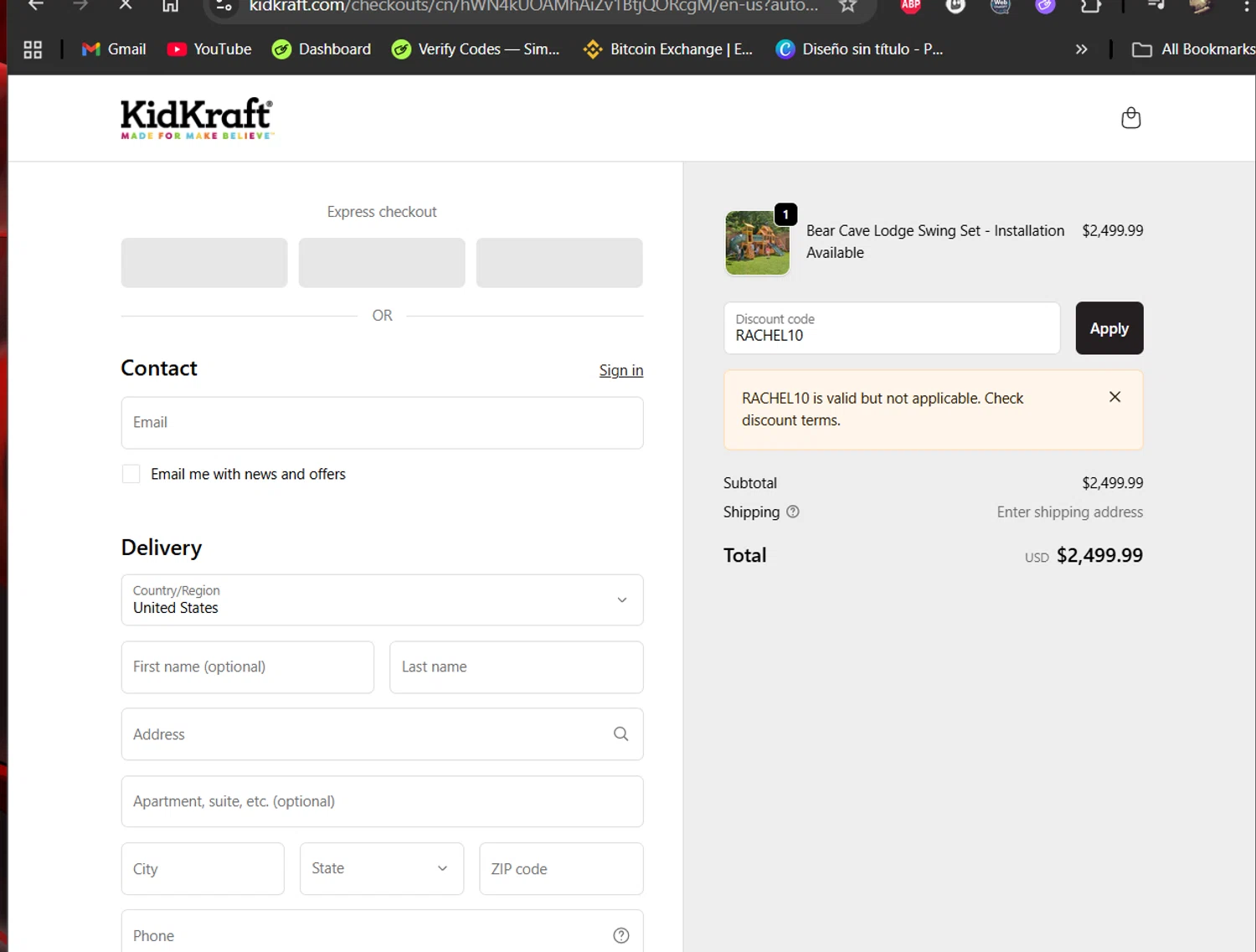 KidKraft coupon code screenshot showing code RACHEL10 applied at KidKraft checkout page. Uploaded by SimplyCodes community member LiShang on Oct 31, 2025