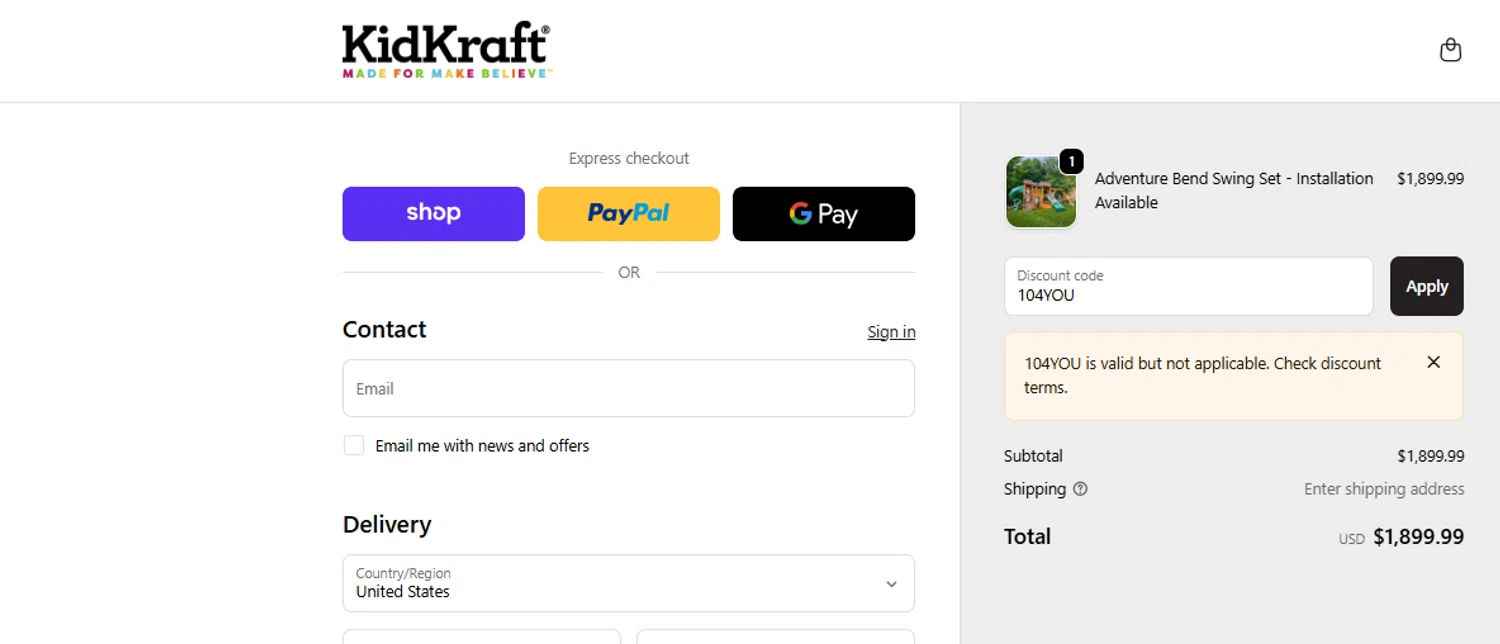 KidKraft coupon code screenshot showing code 104YOU applied at KidKraft checkout page. Uploaded by SimplyCodes community member ashe1986 on Oct 30, 2025