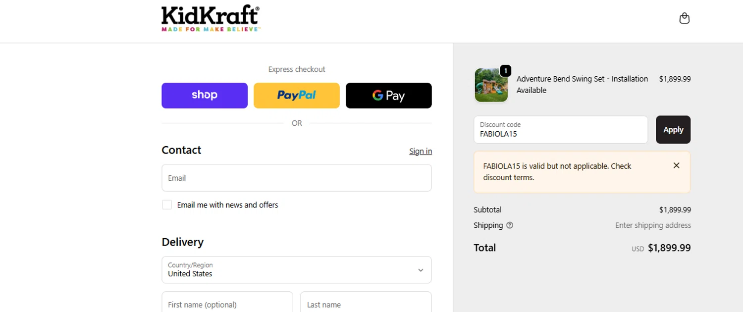 KidKraft coupon code screenshot showing code FABIOLA15 applied at KidKraft checkout page. Uploaded by SimplyCodes community member ashe1986 on Oct 30, 2025