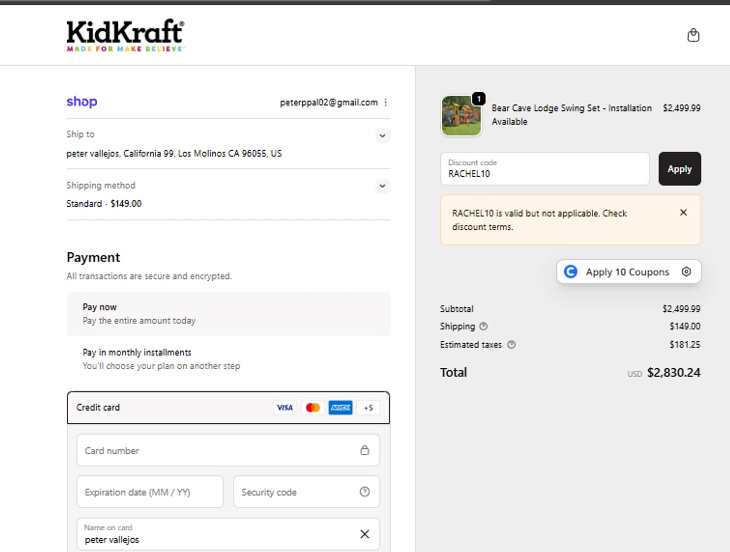 KidKraft coupon code screenshot showing code RACHEL10 applied at KidKraft checkout page. Uploaded by SimplyCodes community member ricardoramirez1 on Oct 31, 2025