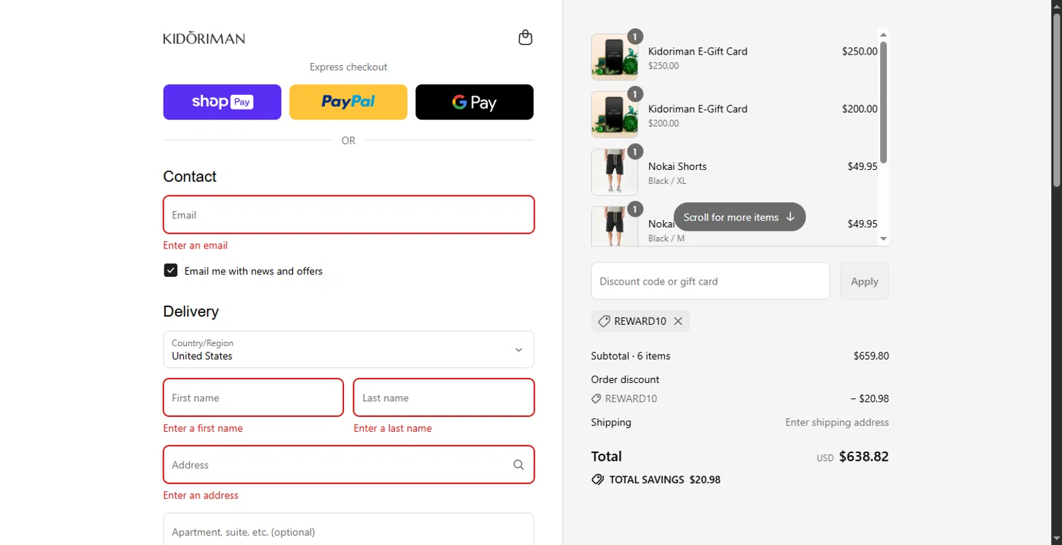 Kidoriman discount code screenshot showing code REWARD10 applied at Kidoriman checkout page. Uploaded by SimplyCodes community member RewardLion6202 on Jul 12, 2025