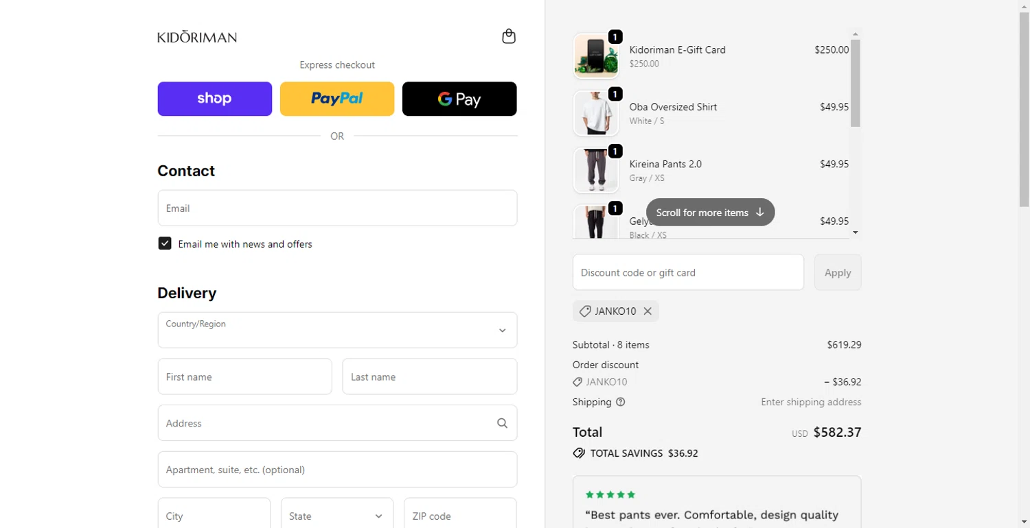 Kidoriman discount code screenshot showing code janko10 applied at Kidoriman checkout page. Uploaded by SimplyCodes community member BonusFox1297 on Dec 14, 2025