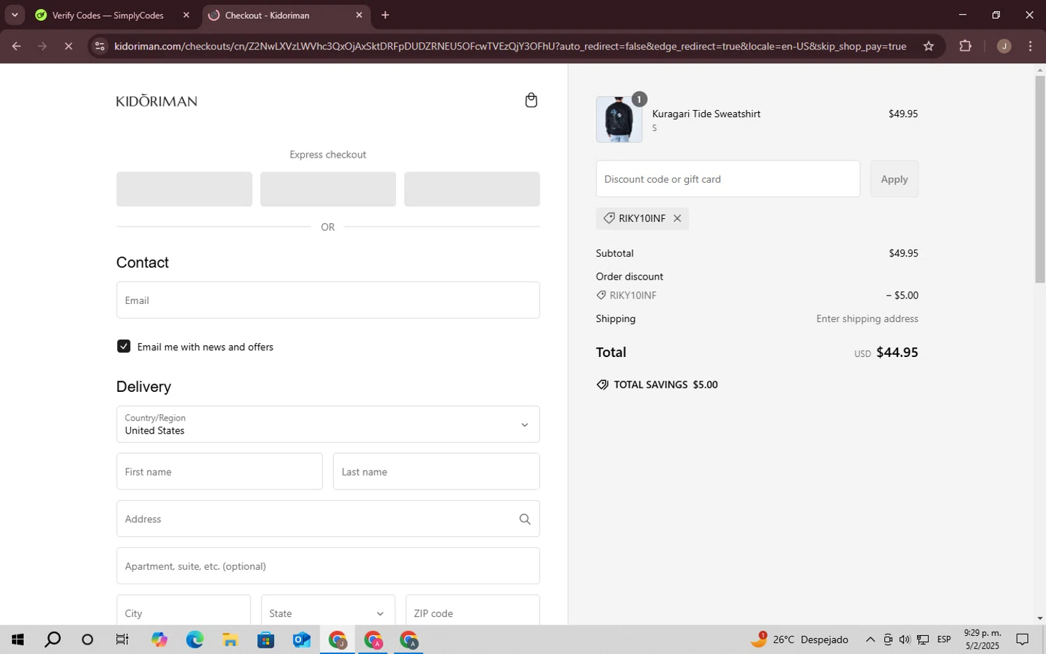 Kidoriman discount code screenshot showing code RIKY10INF applied at Kidoriman checkout page. Uploaded by SimplyCodes community member CrownChaser949 on Feb 6, 2025