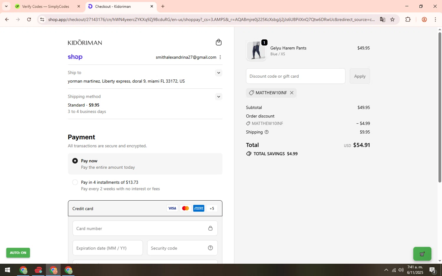 Kidoriman discount code screenshot showing code MATTHEW10INF applied at Kidoriman checkout page. Uploaded by SimplyCodes community member lareinadecupones on Nov 6, 2025