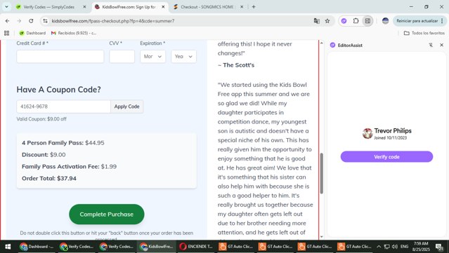 KidsBowlFree checkout page showing KidsBowlFree coupon code box | Screenshot taken by SimplyCodes community member on Aug 25, 2025