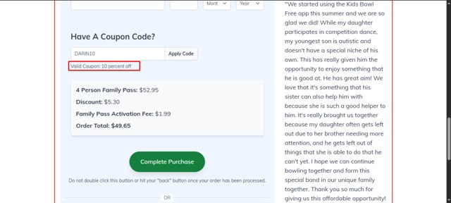 KidsBowlFree checkout page showing KidsBowlFree coupon code box | Screenshot taken by SimplyCodes community member on Aug 30, 2025