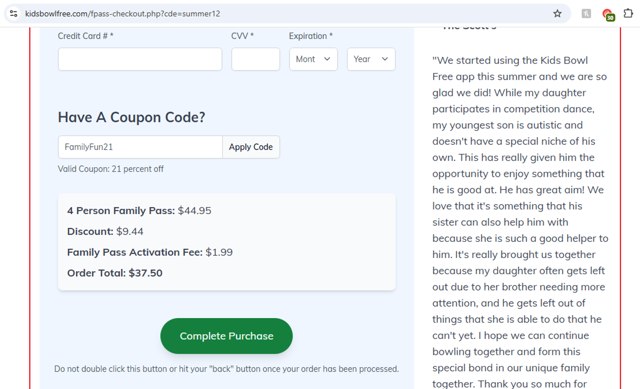 KidsBowlFree checkout page showing KidsBowlFree coupon code box | Screenshot taken by SimplyCodes community member on Sep 3, 2025