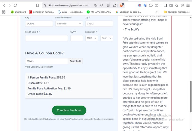 KidsBowlFree checkout page showing KidsBowlFree coupon code box | Screenshot taken by SimplyCodes community member on Aug 22, 2025