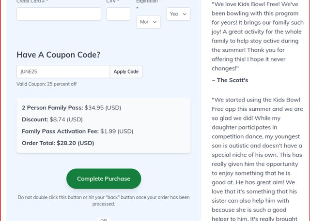 KidsBowlFree checkout page showing KidsBowlFree coupon code box | Screenshot taken by SimplyCodes community member on Aug 26, 2025