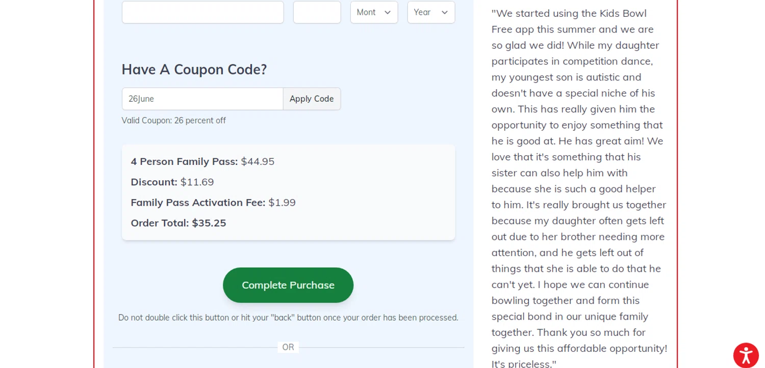 KidsBowlFree promo code screenshot showing code 26June applied at KidsBowlFree checkout page. Uploaded by SimplyCodes community member HUNTER1406 on Jun 7, 2026