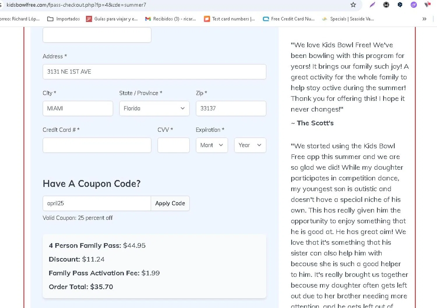 KidsBowlFree promo code screenshot showing code APRIL25 applied at KidsBowlFree checkout page. Uploaded by SimplyCodes community member LAMINEJAMAL on Apr 25, 2026