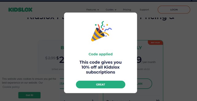 Kidslox checkout page showing Kidslox promo code box | Screenshot taken by SimplyCodes community member on Jun 29, 2024