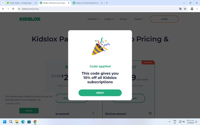 Kidslox checkout page showing Kidslox promo code box | Screenshot taken by SimplyCodes community member on Jun 1, 2024