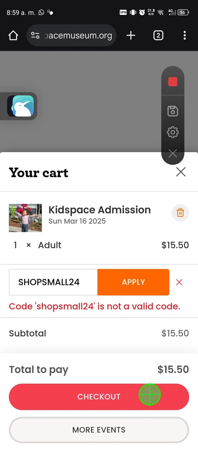 Kidspace Children’s Museum promo code screenshot showing code SHOPSMALL24 applied at Kidspace Children’s Museum checkout page. Uploaded by SimplyCodes community member GumballWatterson on Mar 16, 2025