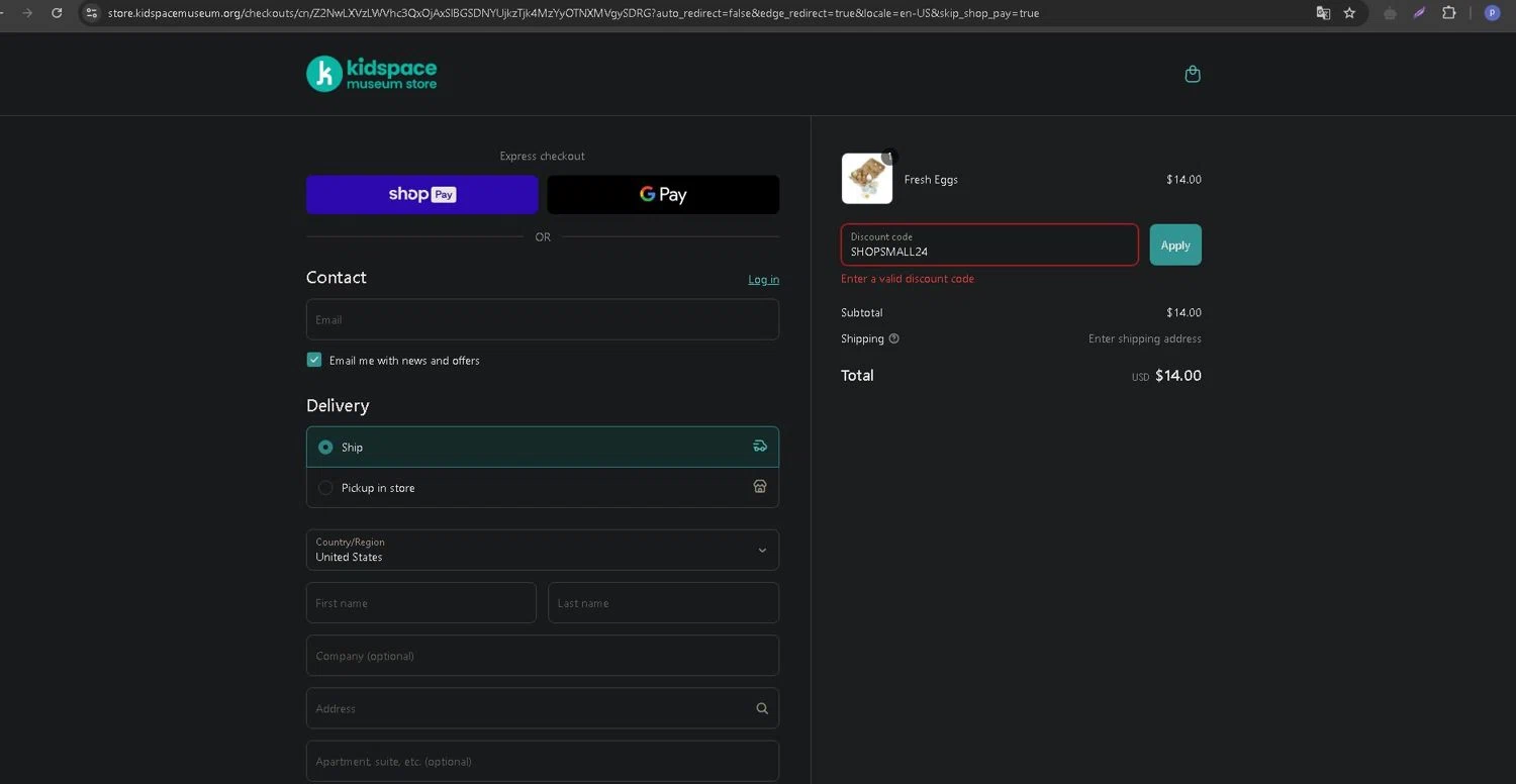 Kidspace Children’s Museum promo code screenshot showing code SHOPSMALL24 applied at Kidspace Children’s Museum checkout page. Uploaded by SimplyCodes community member DealAce9542 on Mar 16, 2025