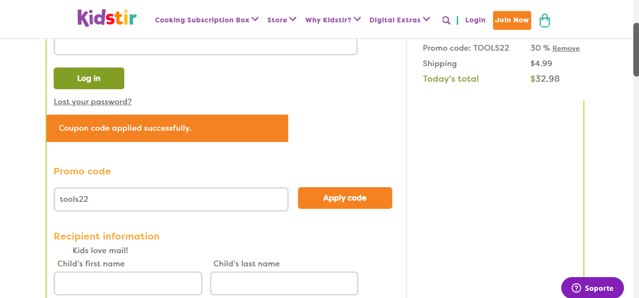 Kidstir checkout page showing Kidstir promo code box | Screenshot taken by SimplyCodes community member on Aug 27, 2025