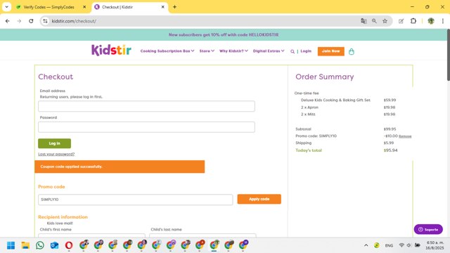 Kidstir checkout page showing Kidstir promo code box | Screenshot taken by SimplyCodes community member on Aug 16, 2025
