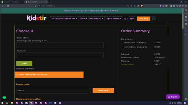 Kidstir checkout page showing Kidstir promo code box | Screenshot taken by SimplyCodes community member on Aug 30, 2025
