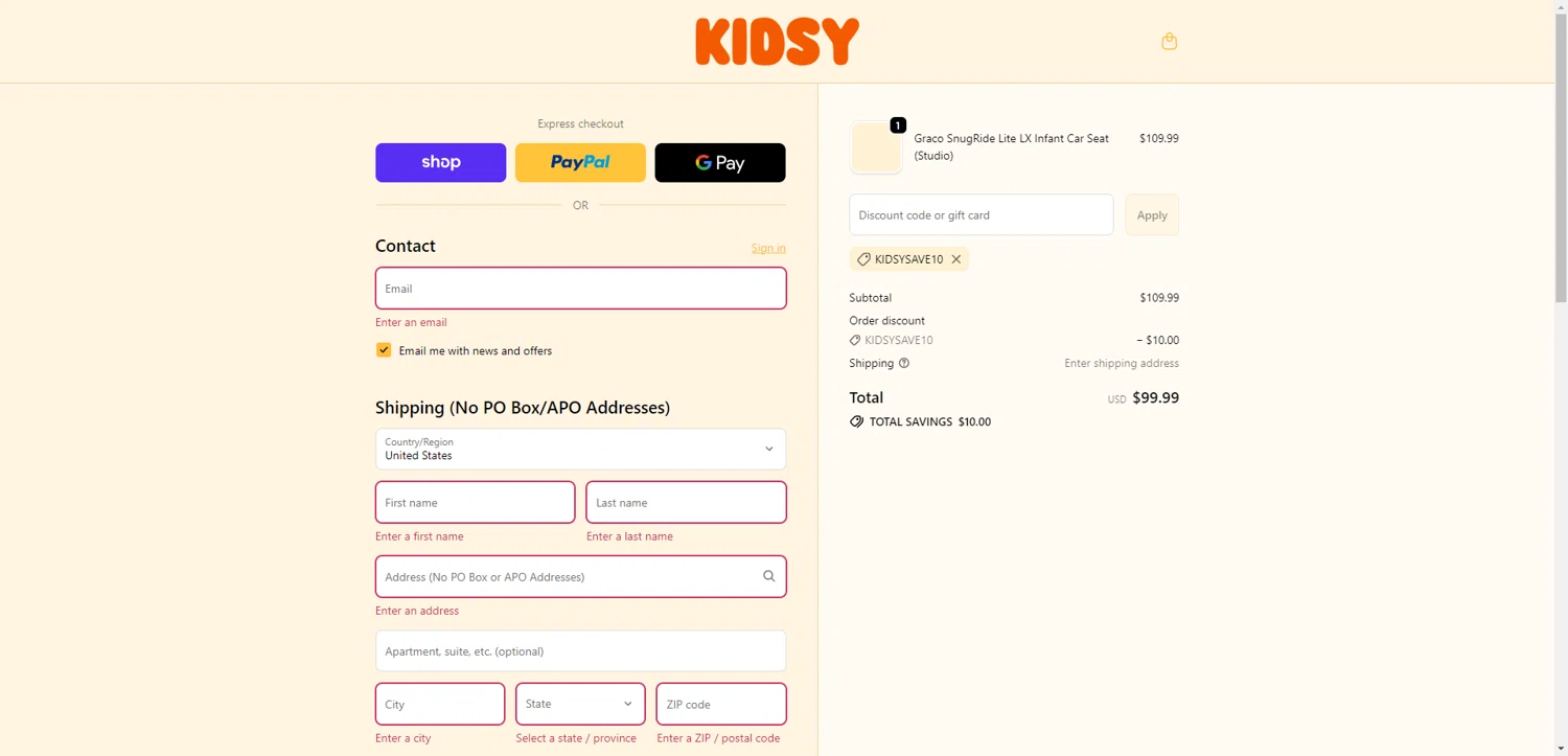 Kidsy discount code screenshot showing code KIDSYSAVE10 applied at Kidsy checkout page. Uploaded by SimplyCodes community member CleverHawk1744 on Nov 6, 2025