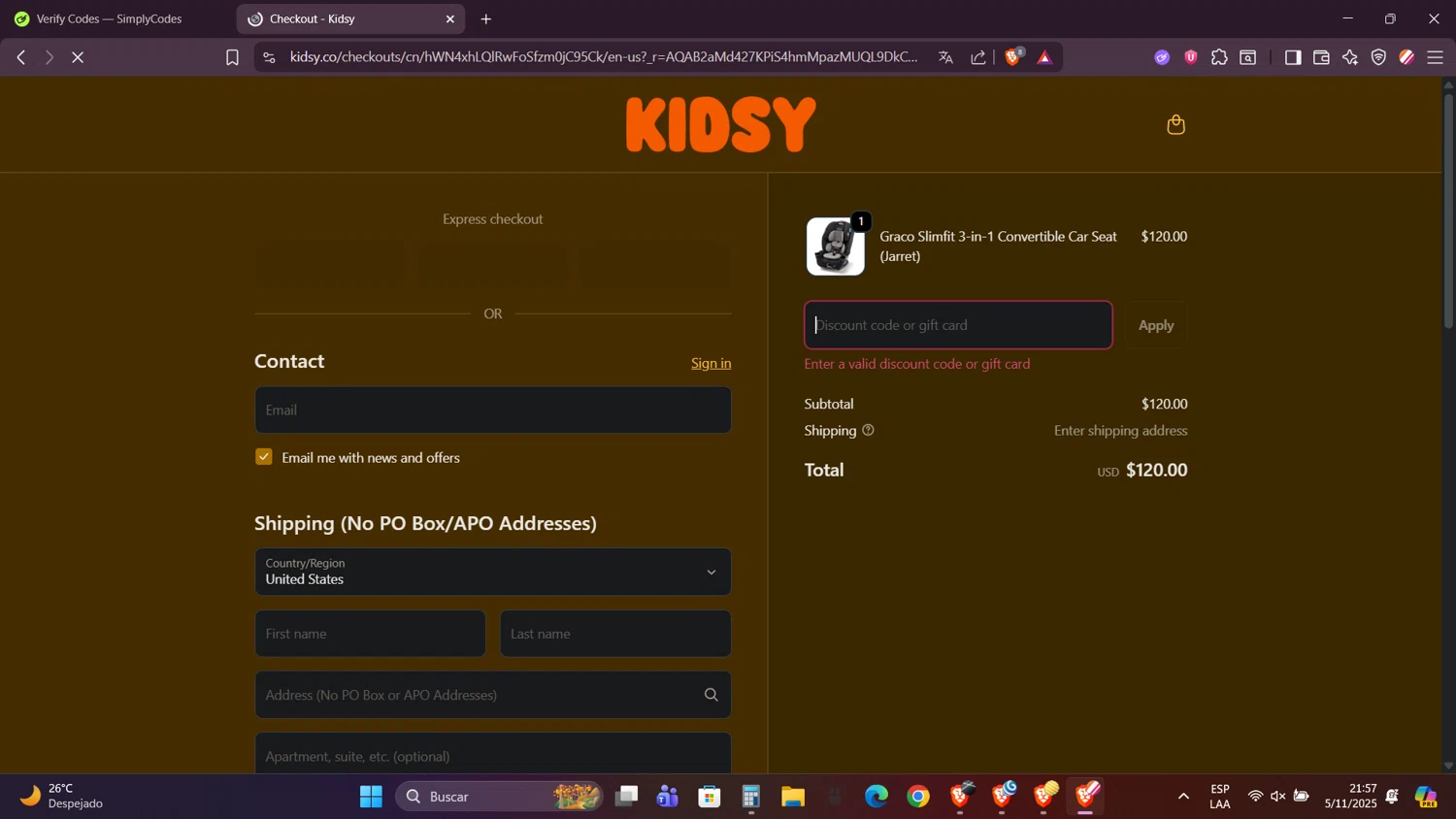 Kidsy discount code screenshot showing code KIDSYSAVE10 applied at Kidsy checkout page. Uploaded by SimplyCodes community member FortunateRanger1171 on Nov 6, 2025