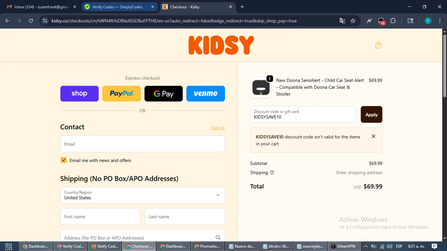 Kidsy discount code screenshot showing code KIDSYSAVE10 applied at Kidsy checkout page. Uploaded by SimplyCodes community member ShrewdTitan3233 on Oct 29, 2025