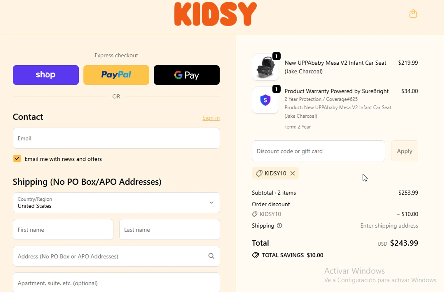 Kidsy discount code screenshot showing code KIDSY10 applied at Kidsy checkout page. Uploaded by SimplyCodes community member BudgetGuardian5712 on Oct 29, 2025