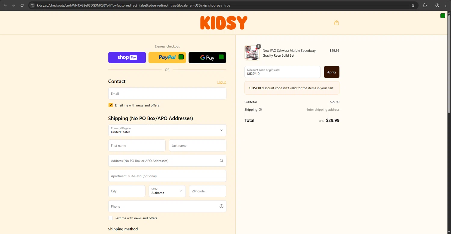Kidsy discount code screenshot showing code KIDSY10 applied at Kidsy checkout page. Uploaded by SimplyCodes community member megagei on Aug 7, 2025