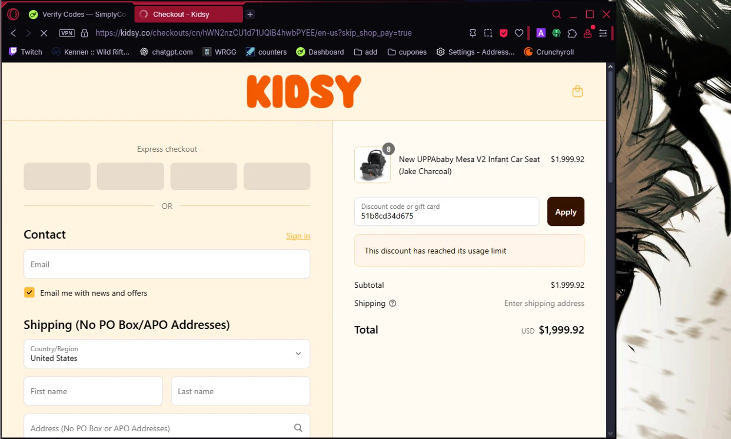 Kidsy discount code screenshot showing code 51b8cd34d675 applied at Kidsy checkout page. Uploaded by SimplyCodes community member Chukaflu on Sep 10, 2025