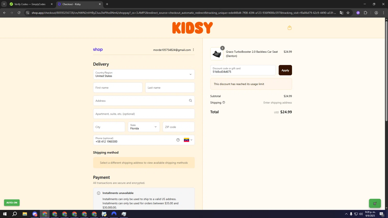 Kidsy discount code screenshot showing code 51b8cd34d675 applied at Kidsy checkout page. Uploaded by SimplyCodes community member aaaaaaaaaaaaaaaaaaaaa on Sep 10, 2025