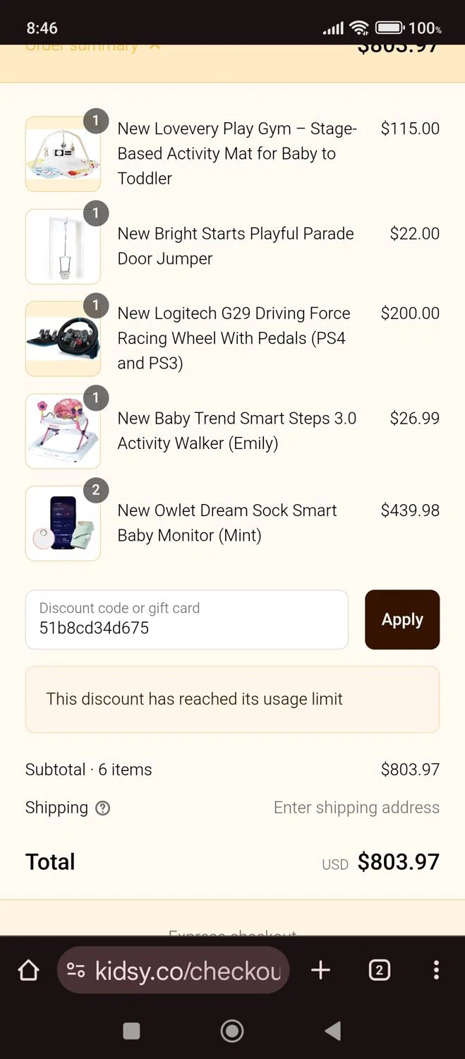 Kidsy discount code screenshot showing code 51b8cd34d675 applied at Kidsy checkout page. Uploaded by SimplyCodes community member carlacabrera1 on Sep 10, 2025