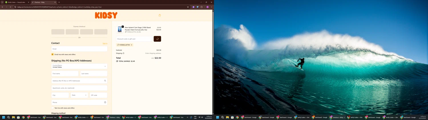 Kidsy discount code screenshot showing code FORMULAFTW applied at Kidsy checkout page. Uploaded by SimplyCodes community member PennyWizard1195 on Oct 25, 2025