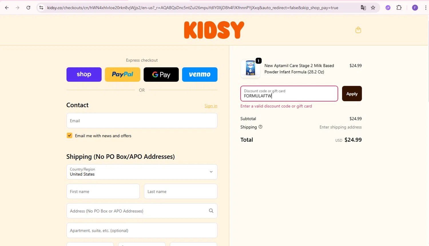Kidsy discount code screenshot showing code FORMULAFTW applied at Kidsy checkout page. Uploaded by SimplyCodes community member Richard2 on Nov 6, 2025
