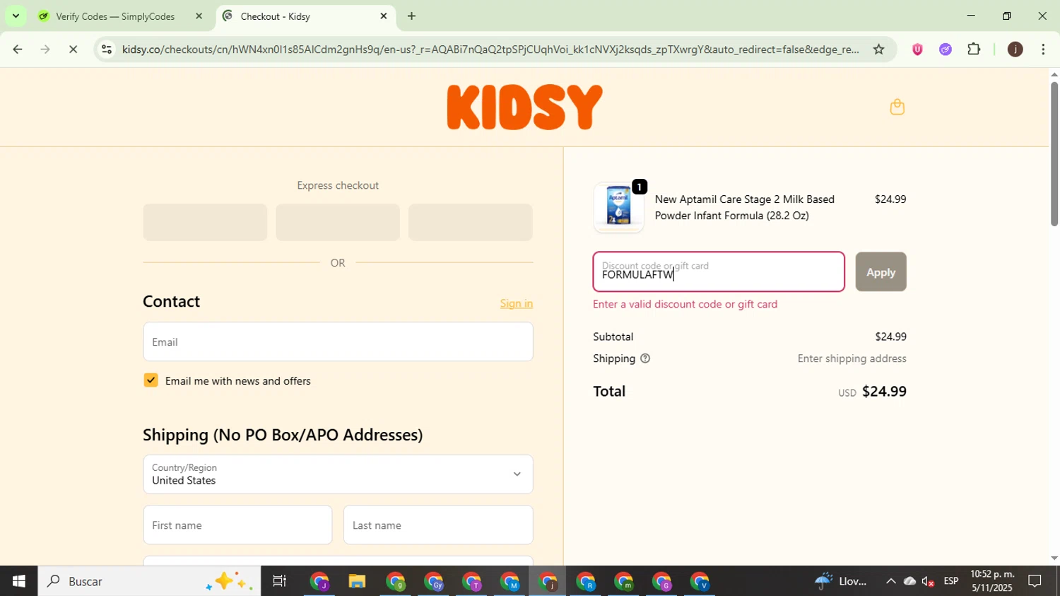 Kidsy discount code screenshot showing code FORMULAFTW applied at Kidsy checkout page. Uploaded by SimplyCodes community member WonderEagle9833 on Nov 6, 2025