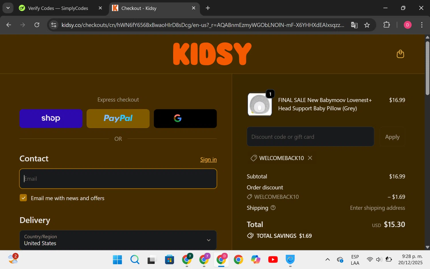Kidsy checkout page showing Kidsy discount code box | Screenshot taken by SimplyCodes community member on Dec 21, 2025