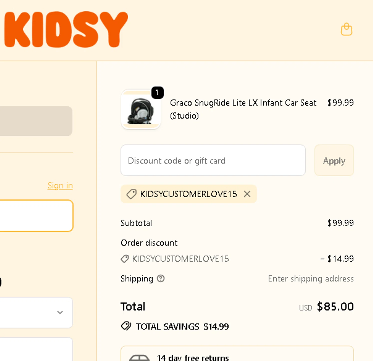 Kidsy discount code screenshot showing code KIDSYCUSTOMERLOVE15 applied at Kidsy checkout page. Uploaded by SimplyCodes community member AMANDA2681 on Sep 21, 2025