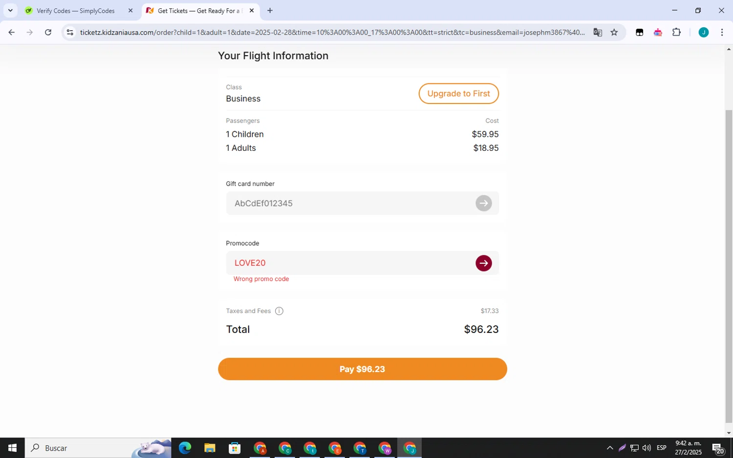 KidZania promo code screenshot showing code LOVE20 applied at KidZania checkout page. Uploaded by SimplyCodes community member VictoriousSpotter751 on Feb 27, 2025