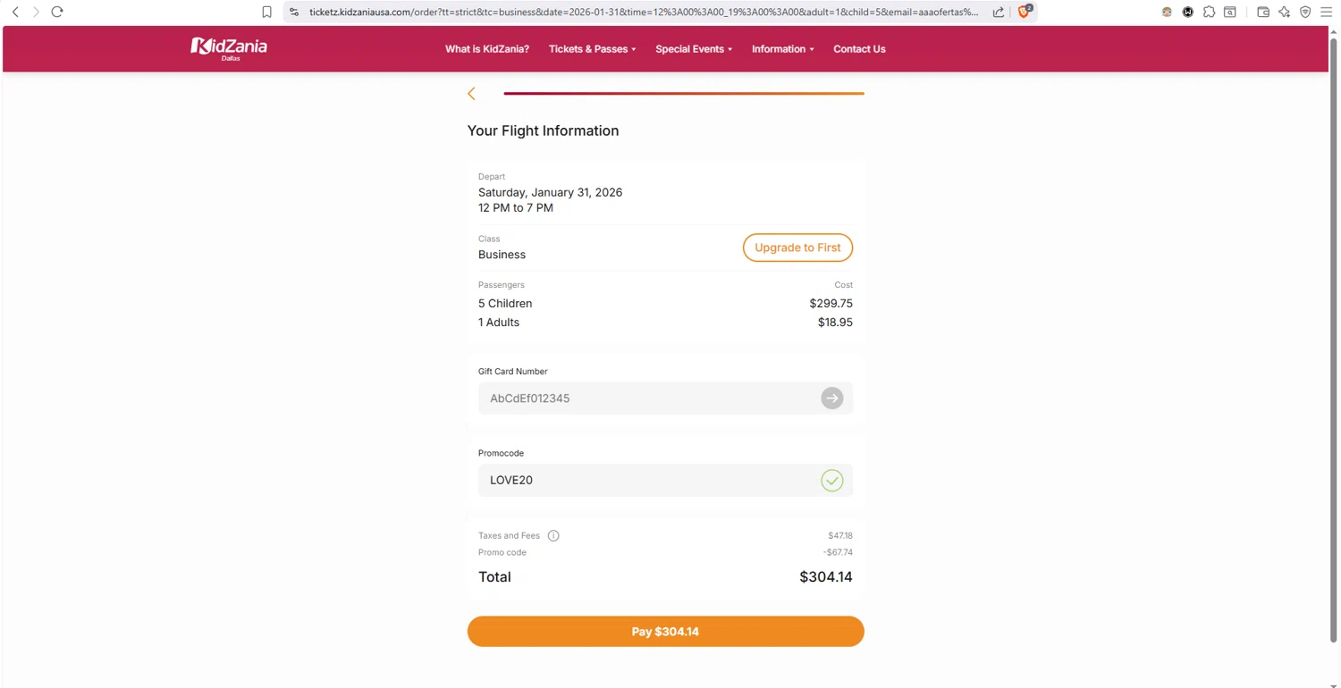 KidZania checkout page showing KidZania promo code box | Screenshot taken by SimplyCodes community member on Jan 27, 2026