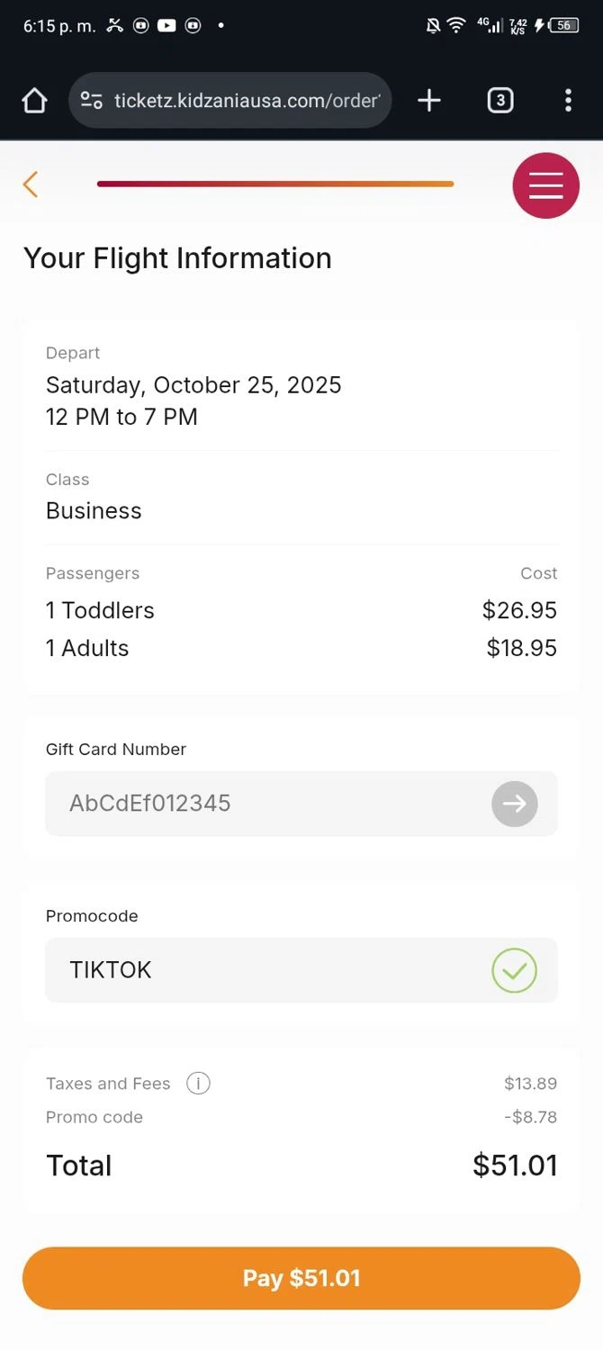 KidZania promo code screenshot showing code TIKTOK applied at KidZania checkout page. Uploaded by SimplyCodes community member Nickurtdale on Oct 23, 2025
