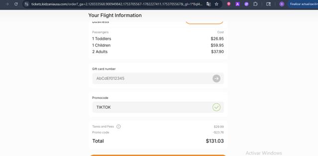 KidZania checkout page showing KidZania promo code box | Screenshot taken by SimplyCodes community member on Jul 28, 2025