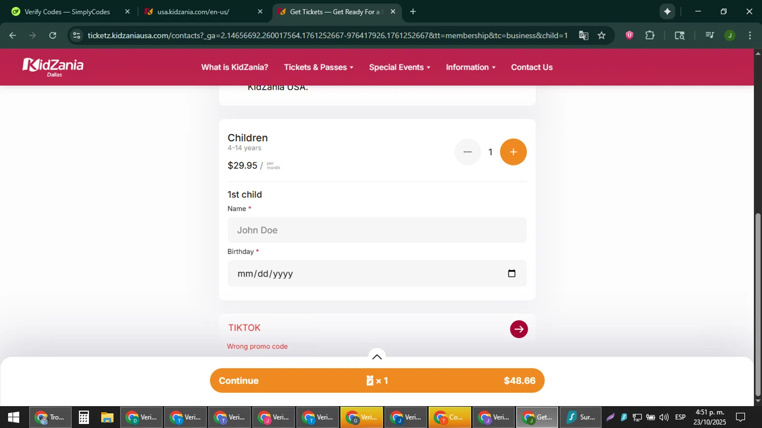 KidZania promo code screenshot showing code TIKTOK applied at KidZania checkout page. Uploaded by SimplyCodes community member ShieldFinder369 on Oct 23, 2025