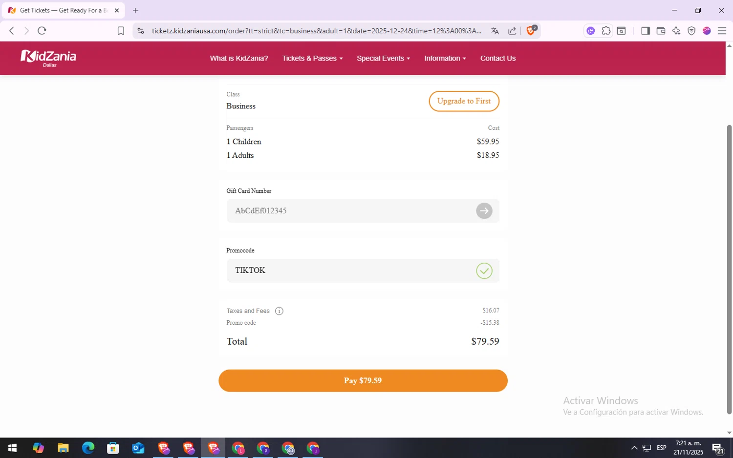 KidZania promo code screenshot showing code TIKTOK applied at KidZania checkout page. Uploaded by SimplyCodes community member VoucherSpotter6910 on Nov 21, 2025