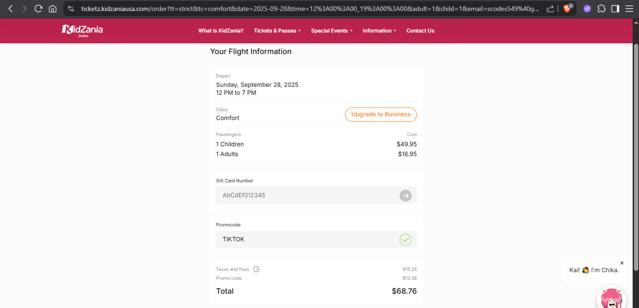 KidZania checkout page showing KidZania promo code box | Screenshot taken by SimplyCodes community member on Sep 24, 2025