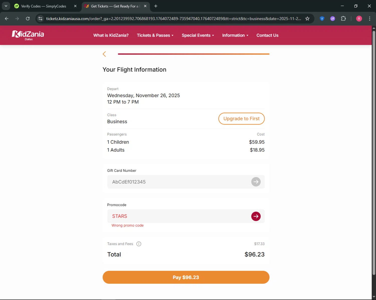 KidZania promo code screenshot showing code STARS applied at KidZania checkout page. Uploaded by SimplyCodes community member ThriftyGuardian8485 on Nov 25, 2025