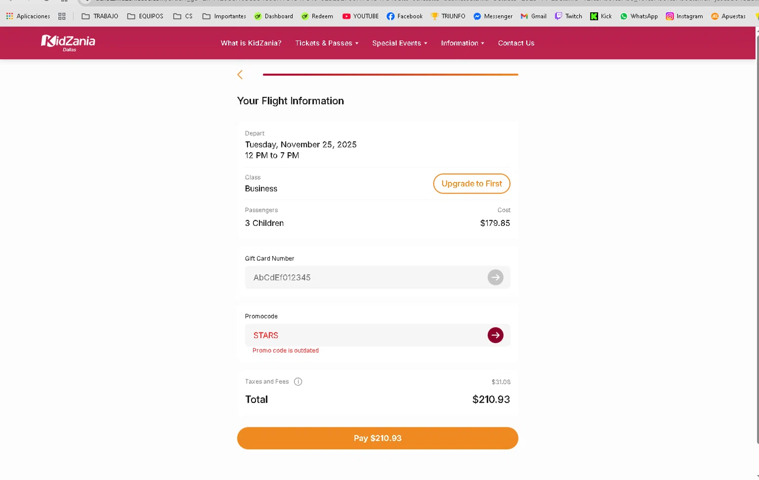 KidZania promo code screenshot showing code STARS applied at KidZania checkout page. Uploaded by SimplyCodes community member kelvinsuarez88 on Oct 27, 2025
