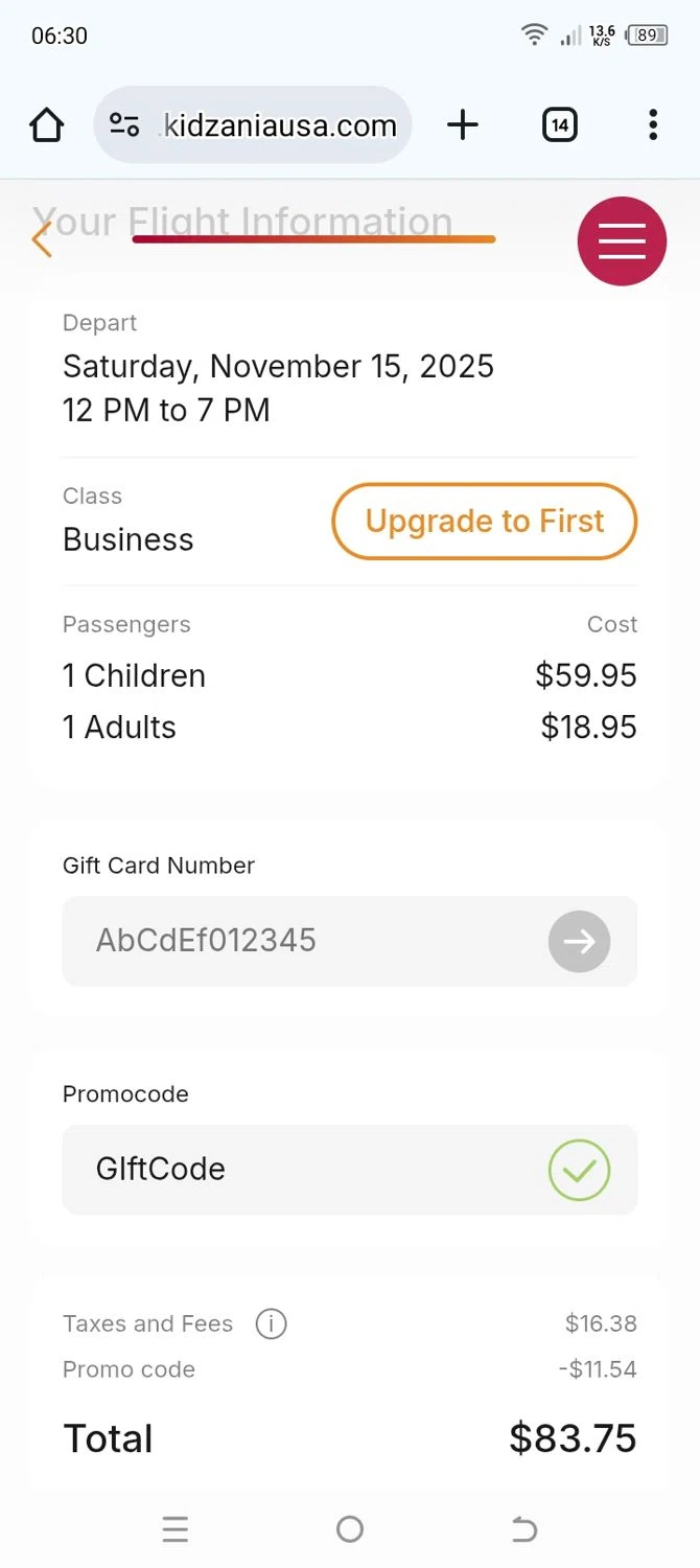 KidZania promo code screenshot showing code GIftCode applied at KidZania checkout page. Uploaded by SimplyCodes community member ElToro on Nov 14, 2025