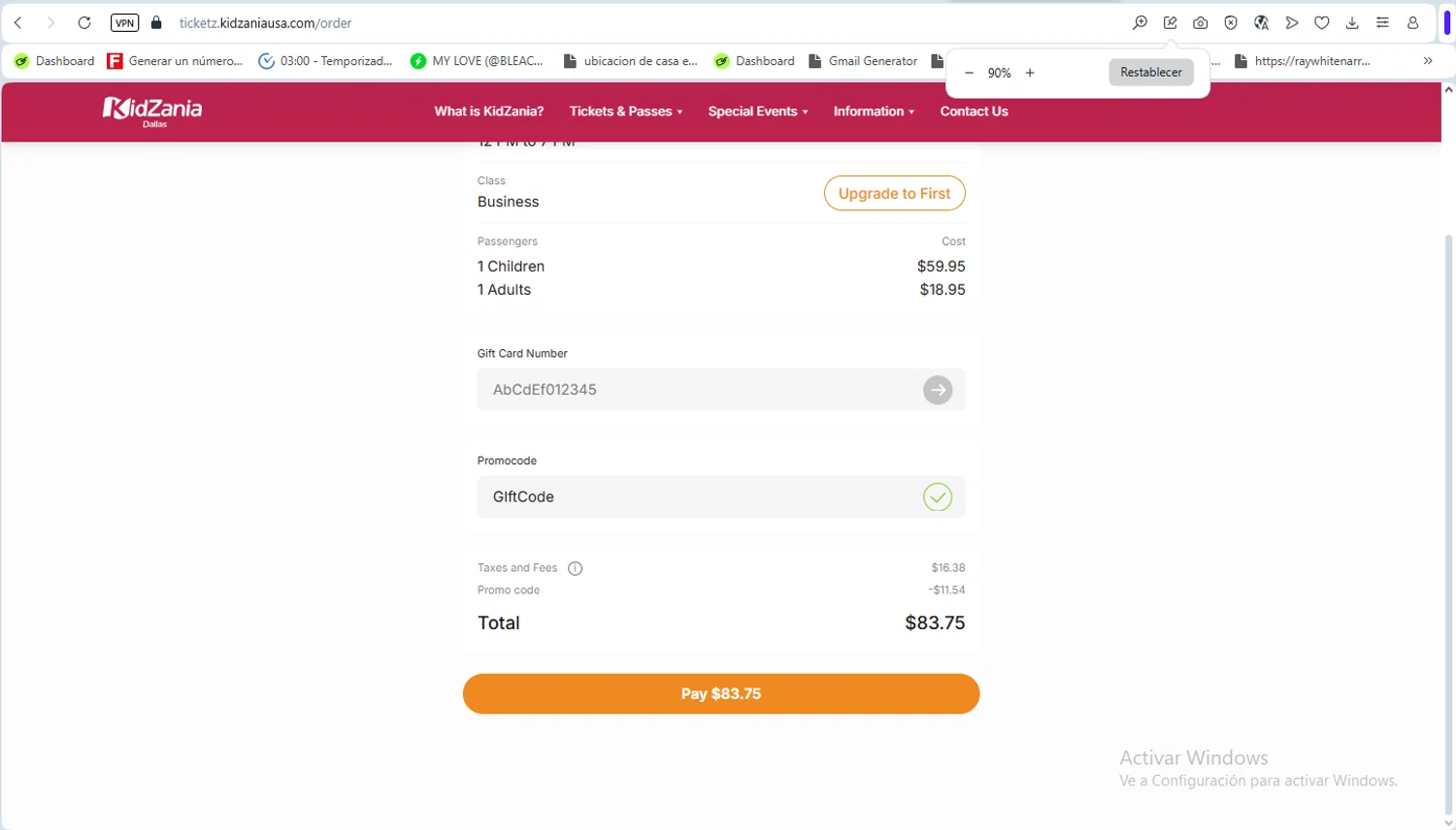 KidZania promo code screenshot showing code GIftCode applied at KidZania checkout page. Uploaded by SimplyCodes community member ScanSaver5253 on Dec 13, 2025
