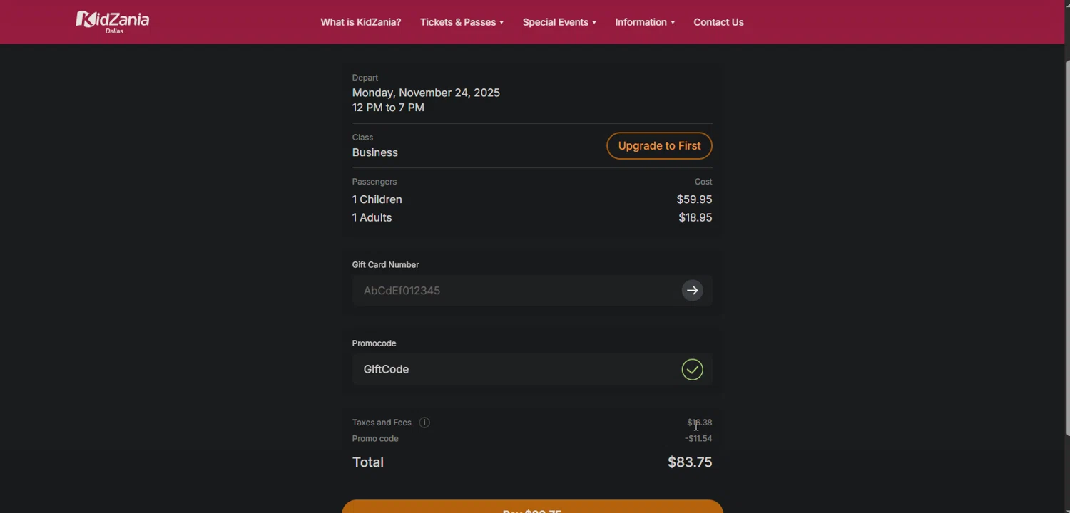 KidZania promo code screenshot showing code GIftCode applied at KidZania checkout page. Uploaded by SimplyCodes community member TreasureMaestro5413 on Nov 14, 2025
