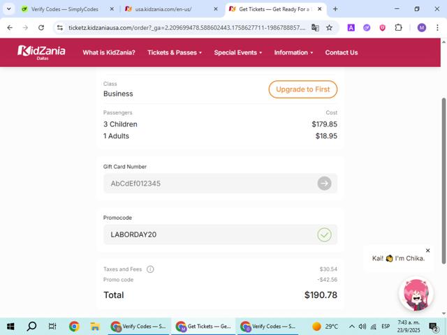 KidZania checkout page showing KidZania promo code box | Screenshot taken by SimplyCodes community member on Sep 23, 2025