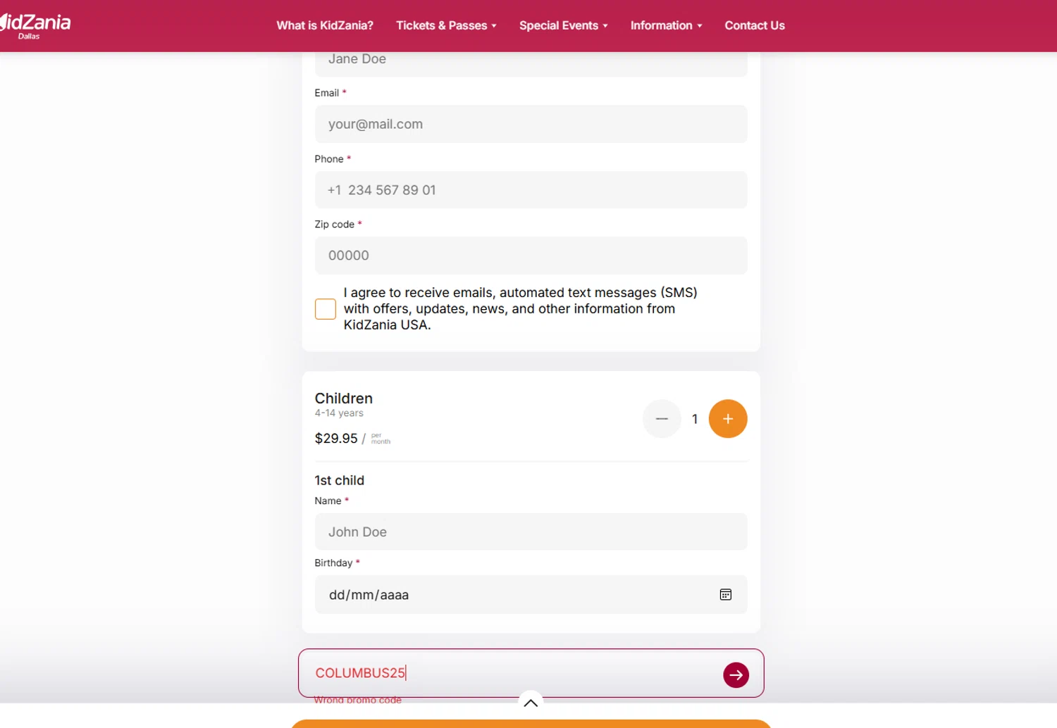 KidZania promo code screenshot showing code COLUMBUS25 applied at KidZania checkout page. Uploaded by SimplyCodes community member carloschacin on Oct 26, 2025